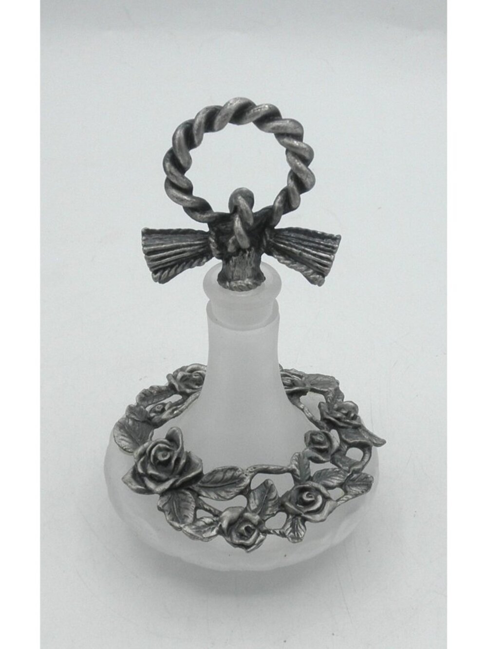 Vintage Clear Frosted Glass Vanity Bottle With Pewter Embellishments & Stopper - Picture 1 of 8